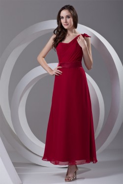 A-Line Chiffon Bows Strapless One-Shoulder Long Red Bridesmaid Dresses 02010141