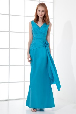 Floor-Length V-Neck Taffeta Handmade Flowers Bridesmaid Dresses 02010163