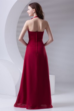 A-Line Halter Sleeveless Ruched Chiffon Long Red Bridesmaid Dresses 02010165