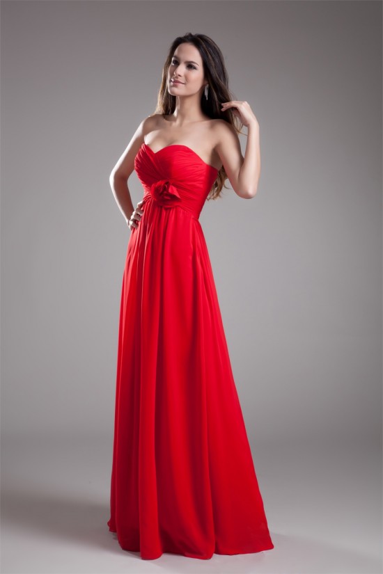 Handmade Flowers Sleeveless Sheath/Column Long Red Chiffon Bridesmaid Dresses 02010168