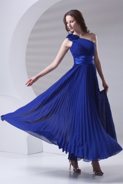 One-Shoulder A-Line Handmade Flowers Chiffon Long Blue Bridesmaid Dresses 02010172