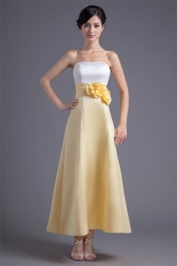 A-Line Ankle-Length Satin Soft Handmade Flowers Bridesmaid Dresses 02010183