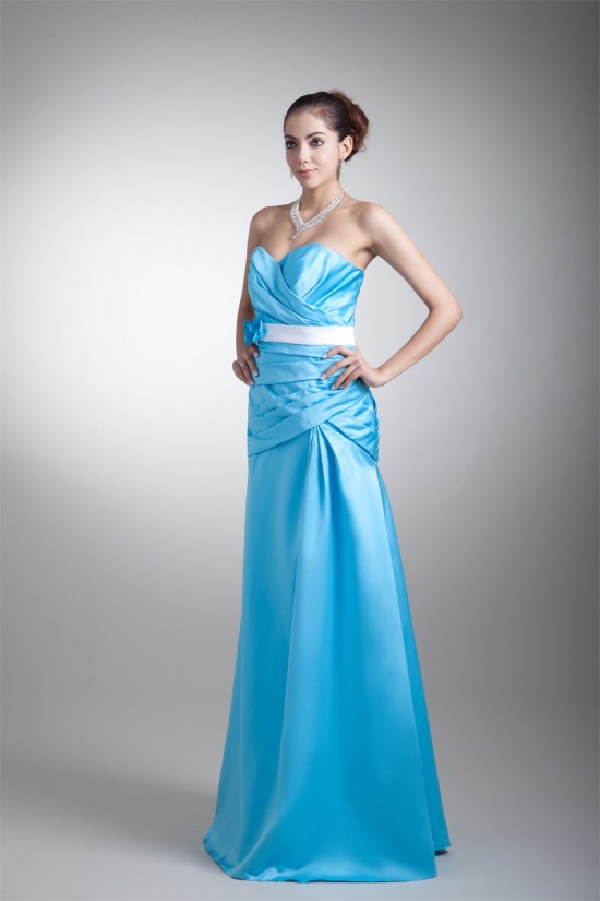 A-Line Floor-Length Sleeveless Satin Handmade Flowers Long Bridesmaid Dresses 02010194