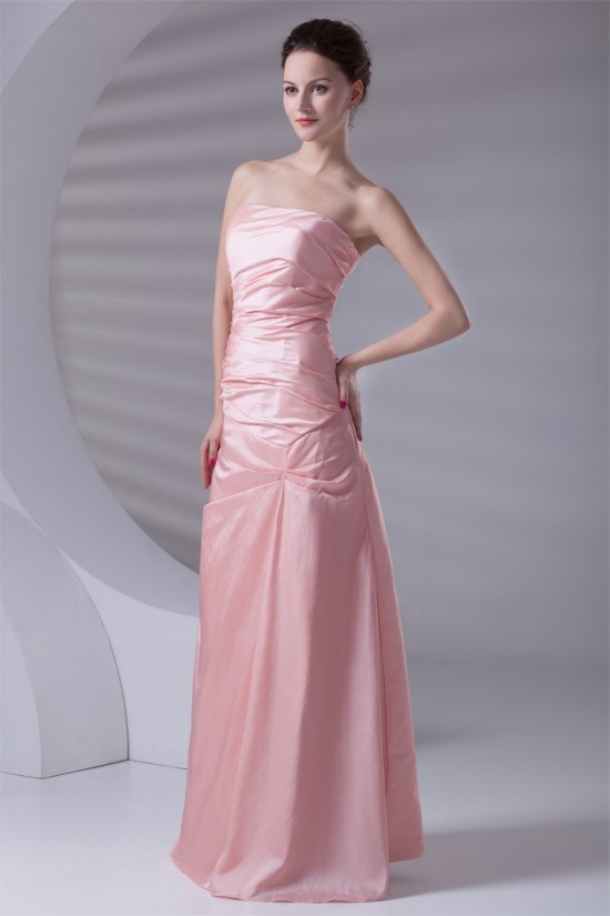 A-Line Strapless Ruched Sleeveless Long Taffeta Bridesmaid Dresses 02010208