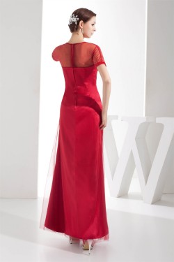 Ankle-Length Scoop A-Line Fine Netting Long Red Bridesmaid Dresses with Short Sleeves 02010216