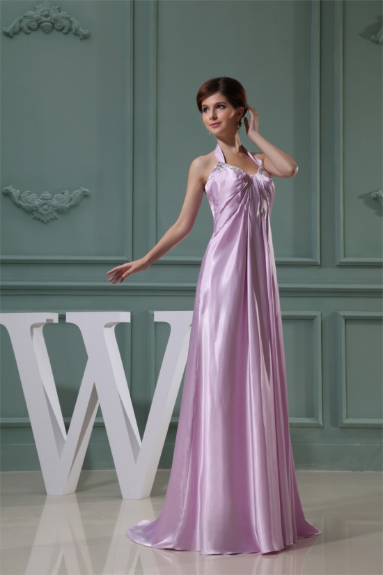 Empire Halter Beaded Silk like Satin Beading Long Bridesmaid Maternity Dresses 02010230