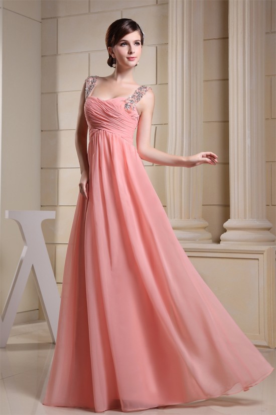 A-Line Sleeveless Straps Beading Chiffon Long Bridesmaid Dresses 02010237