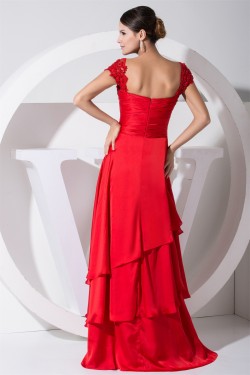 A-Line Cap-Sleeve Sweetheart Elastic Woven Satin Beading Long Red Bridesmaid Dresses 02010239