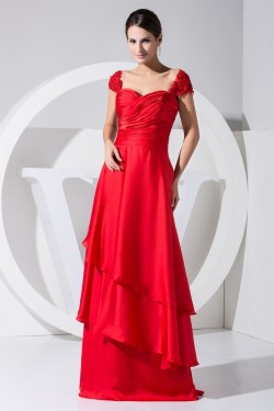 A-Line Cap-Sleeve Sweetheart Elastic Woven Satin Beading Long Red Bridesmaid Dresses 02010239