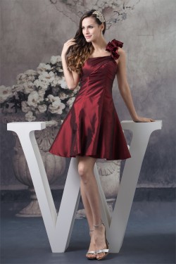 A-Line Taffeta Sleeveless One-Shoulder Falbala Short Bridesmaid Dresses 02010251