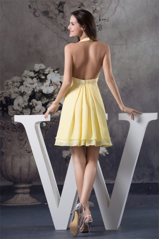 Beading A-Line Halter Sleeveless Chiffon Silk like Satin Short Yellow Bridesmaid Dresses 02010257