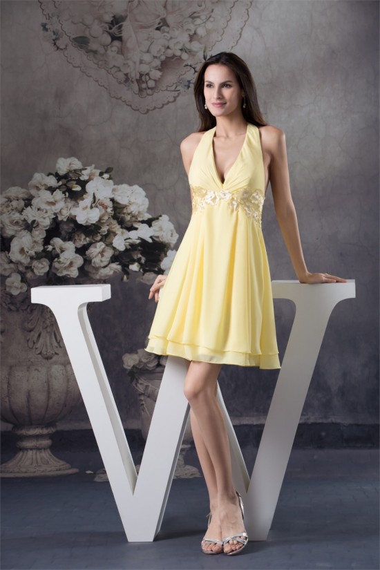 Beading A-Line Halter Sleeveless Chiffon Silk like Satin Short Yellow Bridesmaid Dresses 02010257