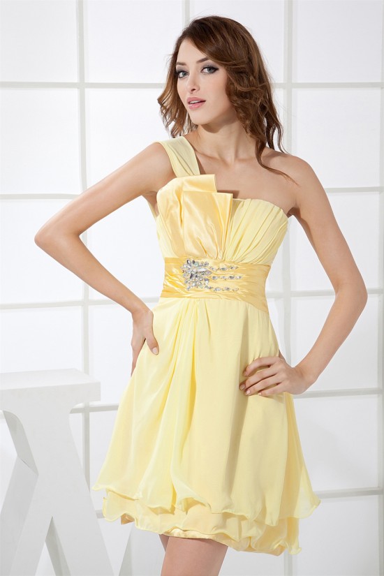 Beading Sheath/Column Knee-Length One-Shoulder Short Yellow Bridesmaid Dresses 02010258