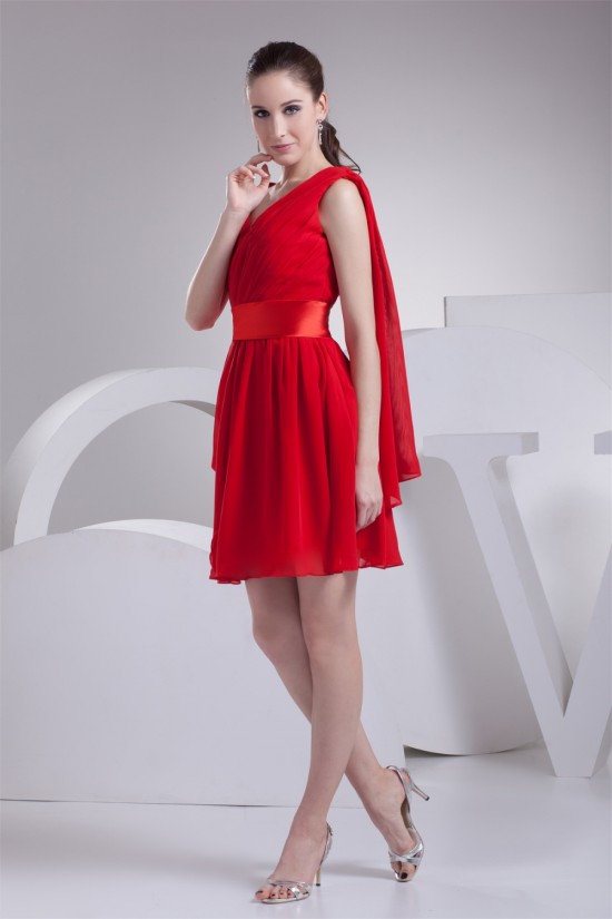 A-Line V-Neck Short Red Chiffon Bridesmaid Dresses 02010276