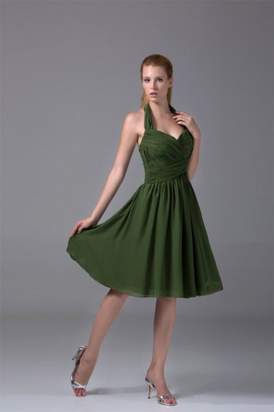 A-Line Halter Knee-Length Criss Cross Sleeveless Short Green Bridesmaid Dresses 02010282
