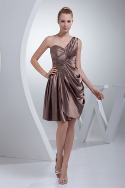 Elastic Woven Satin Ruched One-Shoulder Short Bridesmaid Dresses 02010286