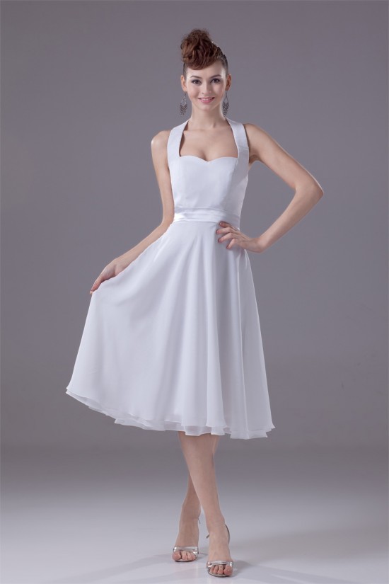 A-Line Halter Fixed Belt Tea Length Sleeveless Short White Bridesmaid Dresses 02010289