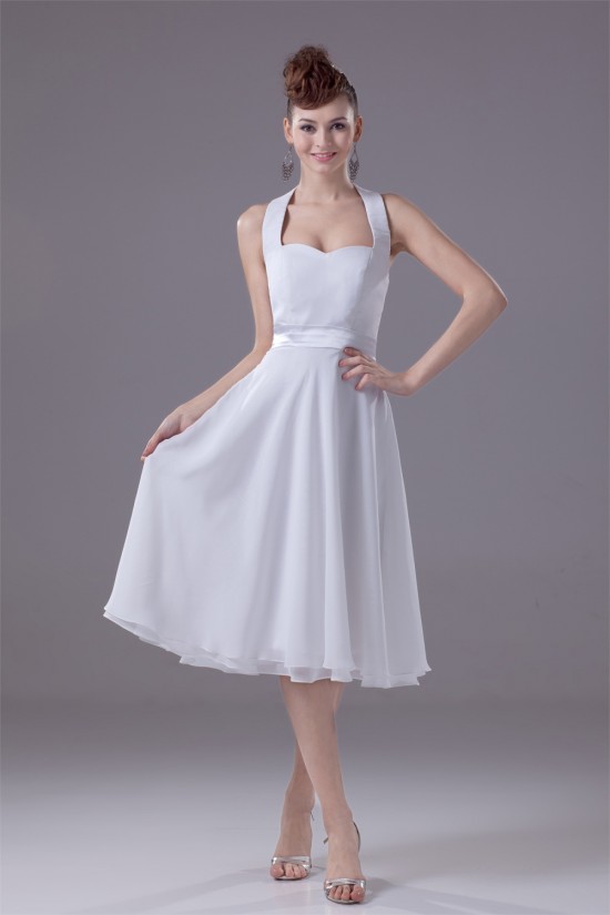 A-Line Halter Fixed Belt Tea Length Sleeveless Short White Bridesmaid Dresses 02010289 A-Line Halter Fixed Belt Tea Length Sleeveless Short White Bridesmaid Dresses 02010289