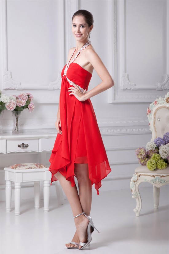 A-Line Halter Chiffon Asymmetrical Beaded Short Red Bridesmaid Dresses 02010293