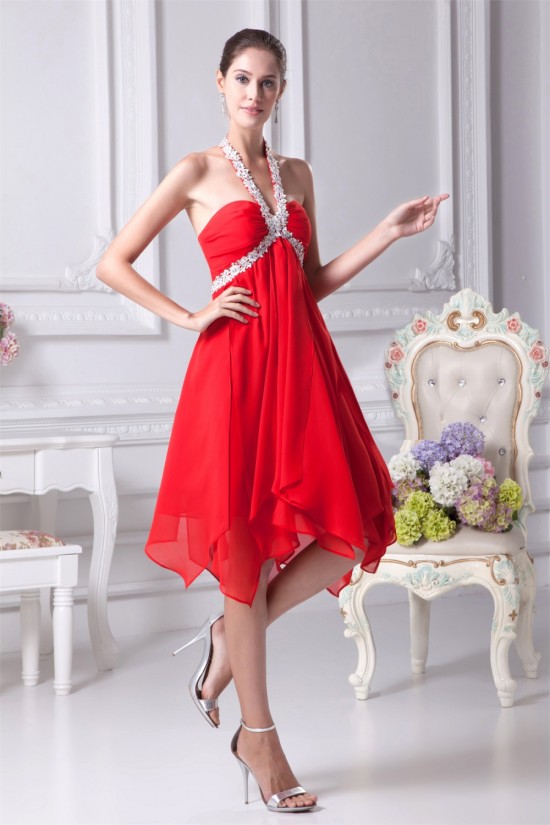 A-Line Halter Chiffon Asymmetrical Beaded Short Red Bridesmaid Dresses 02010293