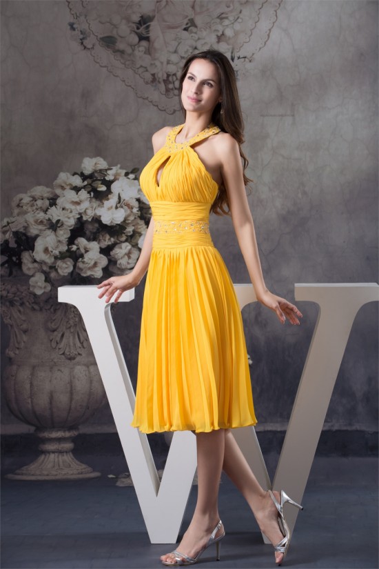 Halter Under Knee Beading A-Line Chiffon Short Yellow Evening/Bridesmaid Dresses 02010296