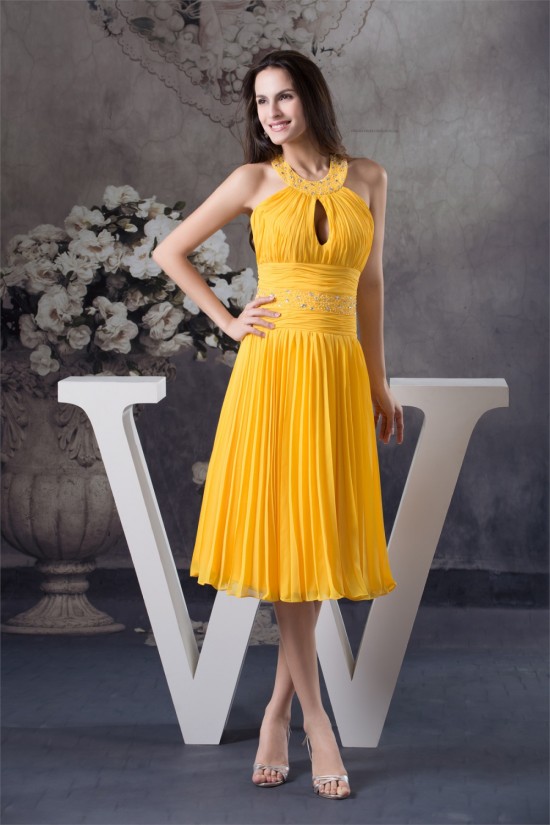 Halter Under Knee Beading A-Line Chiffon Short Yellow Evening/Bridesmaid Dresses 02010296