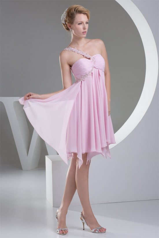 A-Line Short/Mini One-Shoulder Chiffon Short Pink Bridesmaid Dresses Maternity Dresses 02010315
