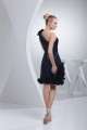 One-Shoulder Handmade Flowers Knee-Length Short Navy Blue Bridesmaid Dresses 02010316