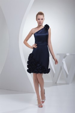 One-Shoulder Handmade Flowers Knee-Length Short Navy Blue Bridesmaid Dresses 02010316