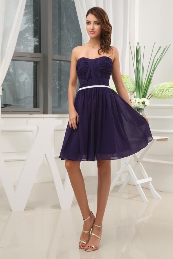 A-Line Soft Sweetheart Ruffles Chiffon Short Purple Bridesmaid Dresses 02010323