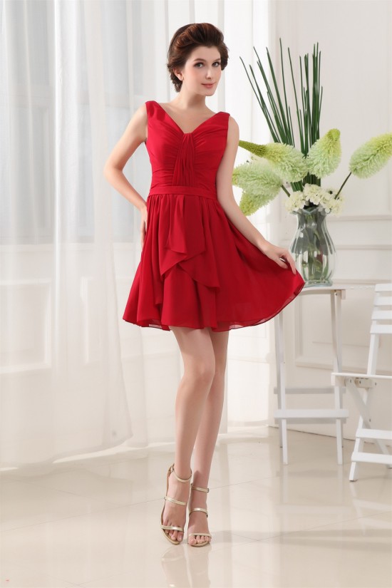 A-Line Ruffles V-Neck Chiffon Short Red Bridesmaid Dresses 02010328