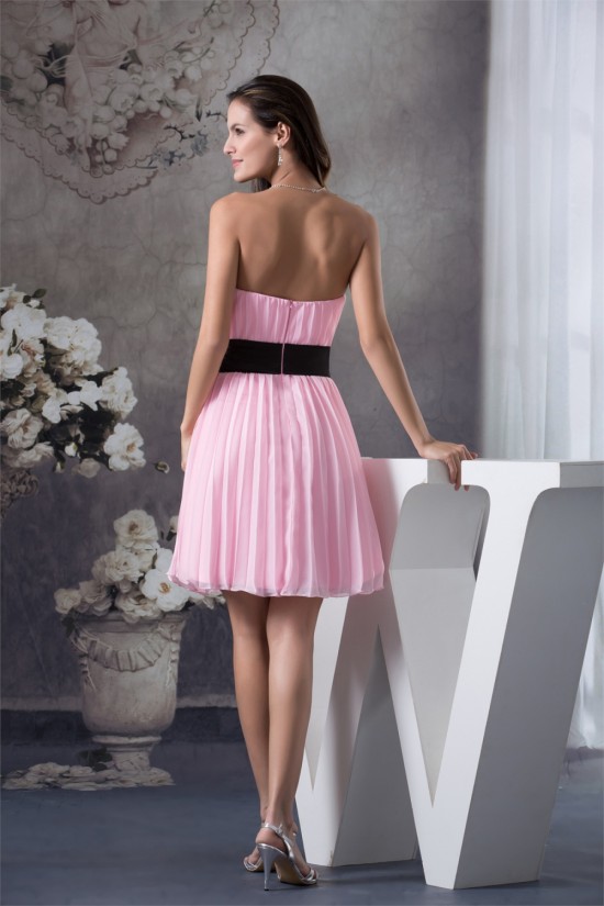 Sheath/Column Strapless Chiffon Short Pink Pleated Bridesmaid Dresses 02010340
