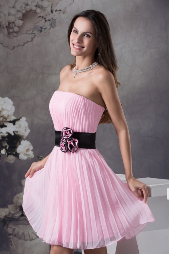 Sheath/Column Strapless Chiffon Short Pink Pleated Bridesmaid Dresses 02010340