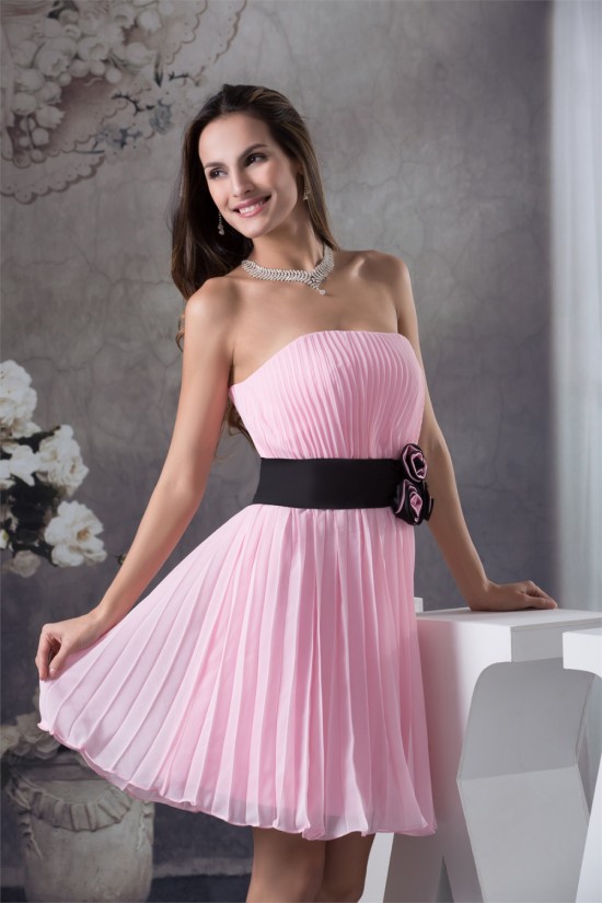 Sheath/Column Strapless Chiffon Short Pink Pleated Bridesmaid Dresses 02010340 Sheath/Column Strapless Chiffon Short Pink Pleated Bridesmaid Dresses 02010340