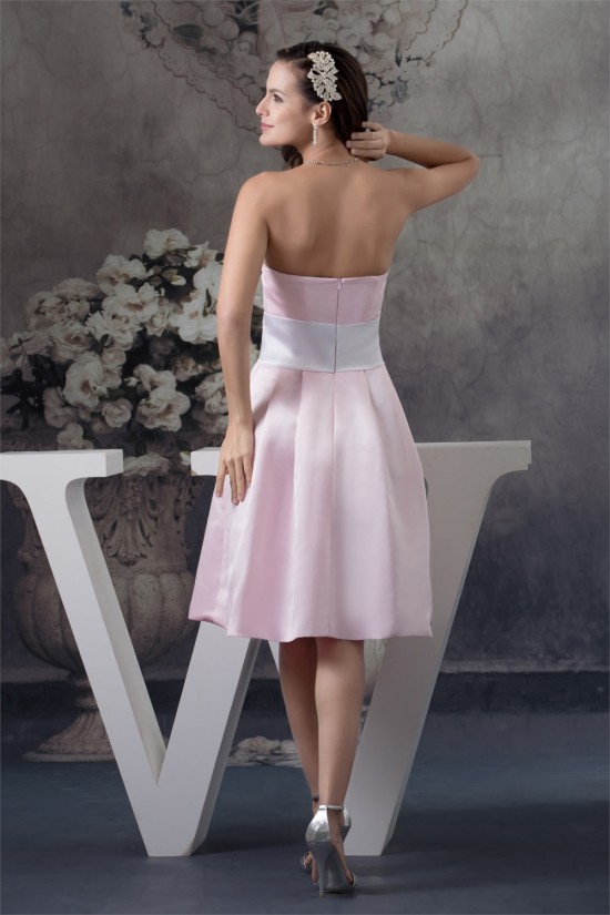 A-Line Strapless Soft Satin Handmade Flowers Short Pink Bridesmaid Dresses 02010374