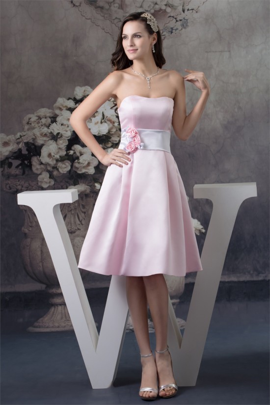 A-Line Strapless Soft Satin Handmade Flowers Short Pink Bridesmaid Dresses 02010374