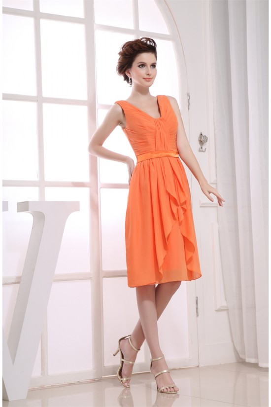 A-Line Pleats Illusion Sleeves Knee-Length V-Neck Short Chiffon Bridesmaid Dresses 02010389