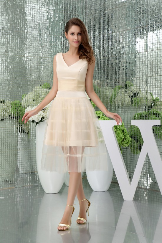 A-Line Tea Length V-Neck Fine Netting Sleeveless Bridesmaid Dresses 02010393 A-Line Tea Length V-Neck Fine Netting Sleeveless Bridesmaid Dresses 02010393