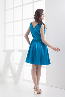 V-Neck Silk like Satin Fine Netting Sleeveless Bridesmaid Dresses 02010395