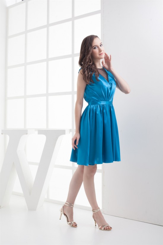 V-Neck Silk like Satin Fine Netting Sleeveless Bridesmaid Dresses 02010395