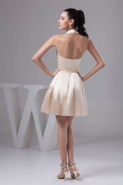 Beautiful Knee-Length Halter Silk like Satin Pleats Bridesmaid Dresses 02010403