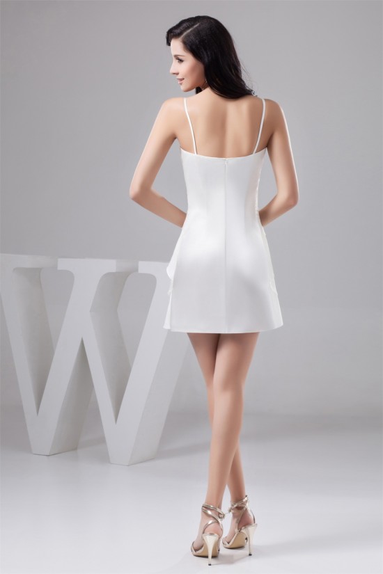 Bows Spaghetti Straps Silk like Satin Short White Bridesmaid Dresses 02010404