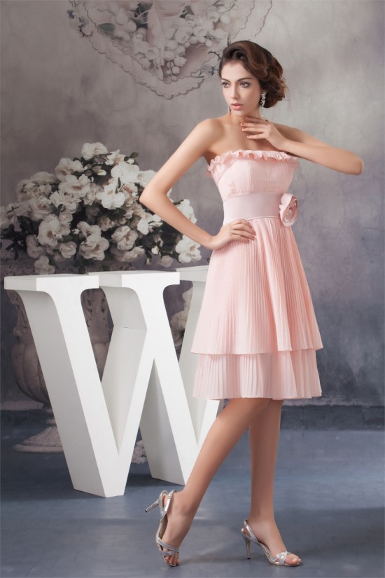 A-Line Handmade Flowers Chiffon Strapless Short Bridesmaid Dresses 02010410