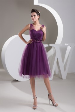 Satin Fine Netting V-Neck Knee-Length Short Purple Bridesmaid Dresses 02010421