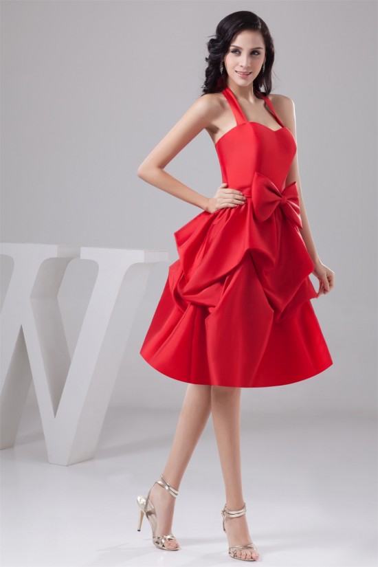 Taffeta Bows Halter A-Line Knee-Length Short Red Bridesmaid Dresses 02010446