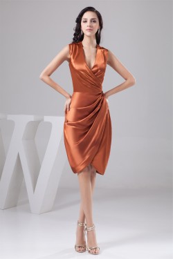 V-Neck Knee-Length Silk like Satin Sheath/Column Short Bridesmaid Dresses 02010448