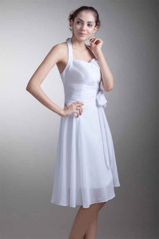 A-Line Knee-Length Chiffon Halter Short White Bridesmaid Dresses 02010453