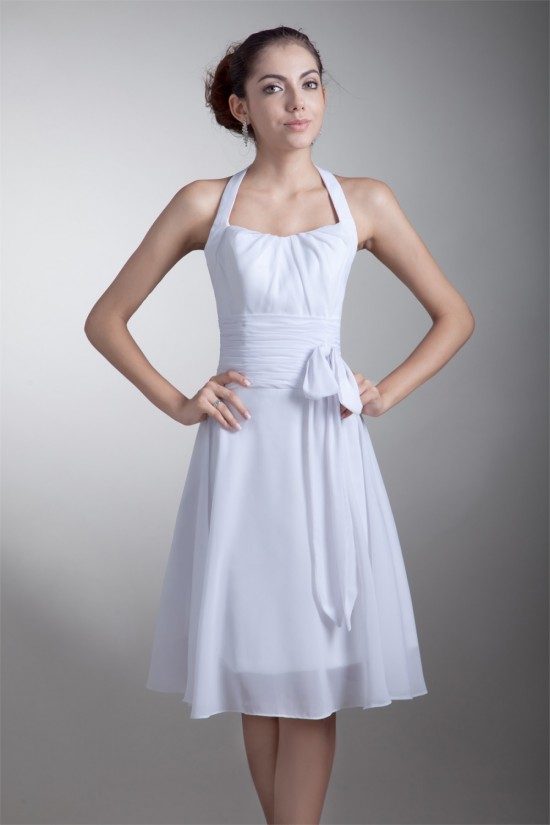 A-Line Knee-Length Chiffon Halter Short White Bridesmaid Dresses 02010453