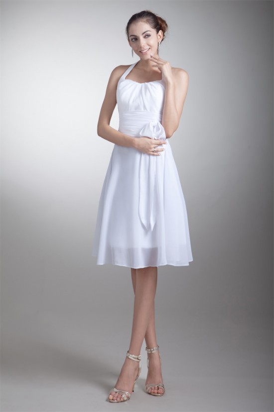 A-Line Knee-Length Chiffon Halter Short White Bridesmaid Dresses 02010453