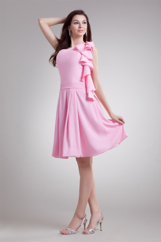 A-Line One-Shoulder Ruffles Knee-Length Short Pink Bridesmaid Dresses 02010455